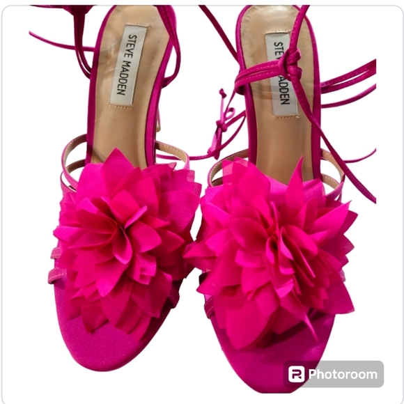 Steve Madden Jolisa Pink Sandals Satin Flower Ankle Wrap Stiletto New sz 8 - Picture 4 of 12